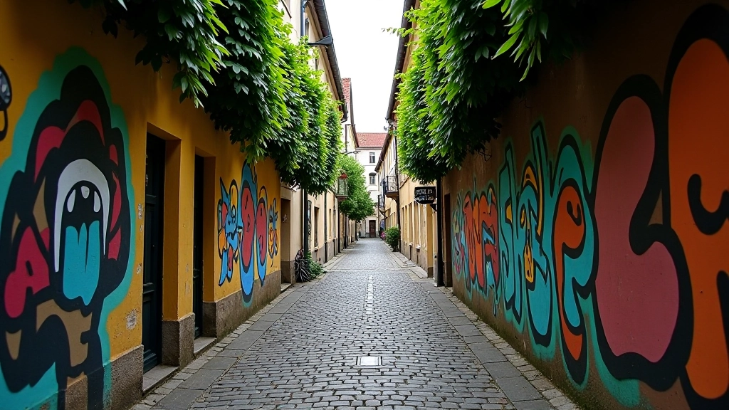 Užupio gatvė su graffiti ir meno instaliacijom