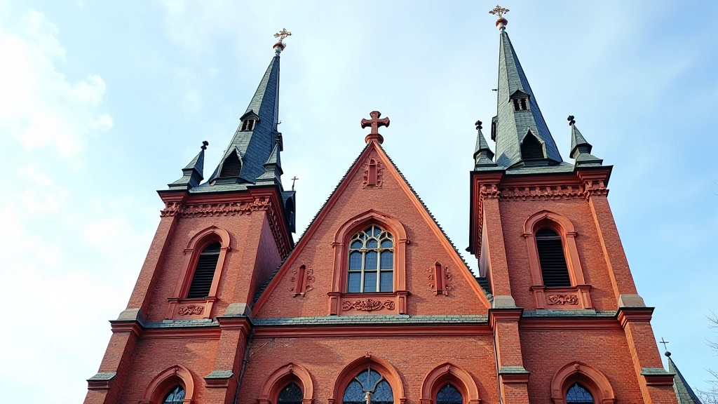 St. Ann's Church su keturiais smailiais ceraminiais bokštais, detali gotikos architektūra iš arti